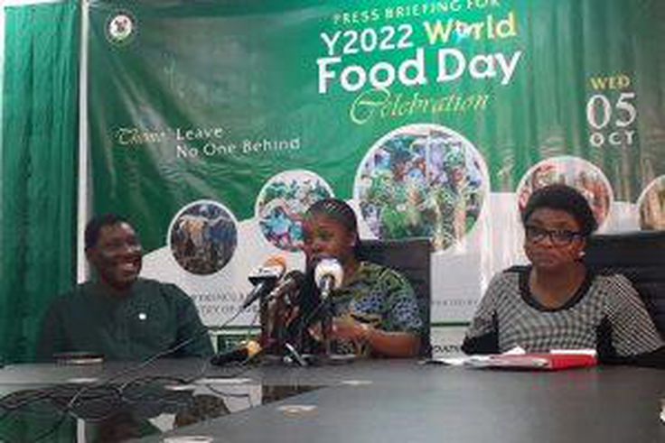 From right ; Mrs Tokunbo Emokpae, Permanent Secretary, Lagos State Ministry of Agriculture, Ms Abisola Olusanya, State Commissioner for Agriculture and Dr Rotimi Fashola, Senior Special Adviser to the Governor on rice during the news briefing on activi...