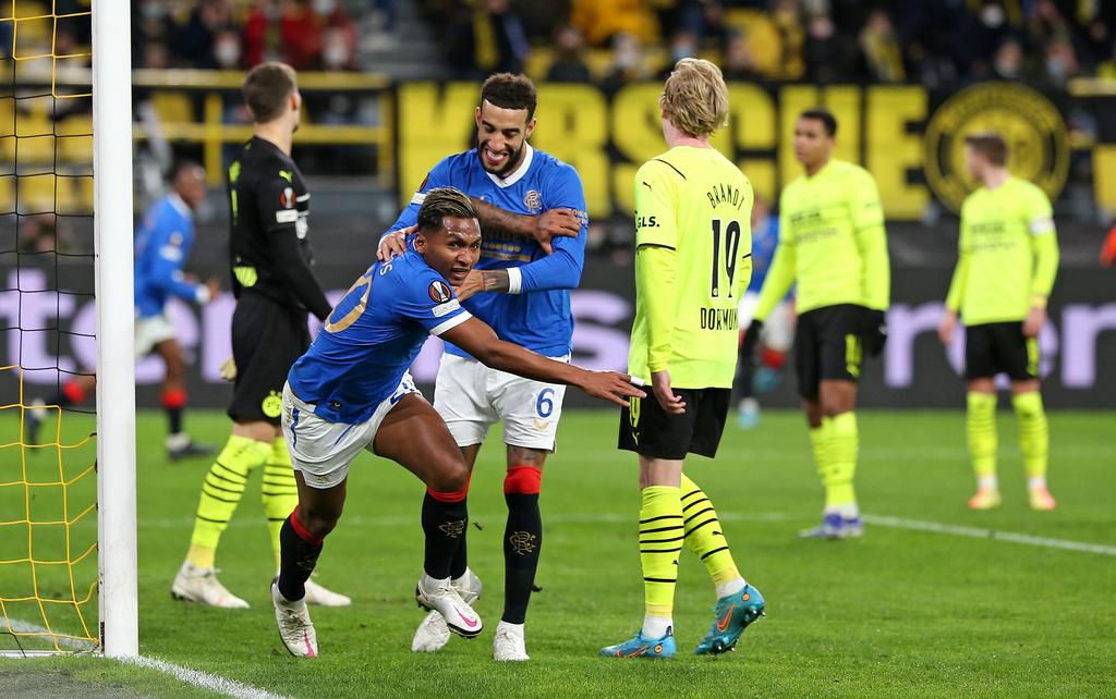 Alfredo Morelos celebrates Rangers' second goal in the return leg of this fixture