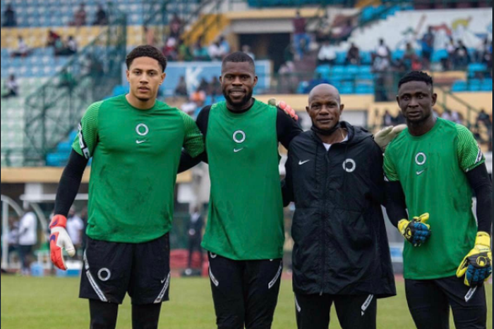 Super Eagles goalkeeper John Noble (R) with Alloy Agu, Francis Uzoho and Maduka Okoye