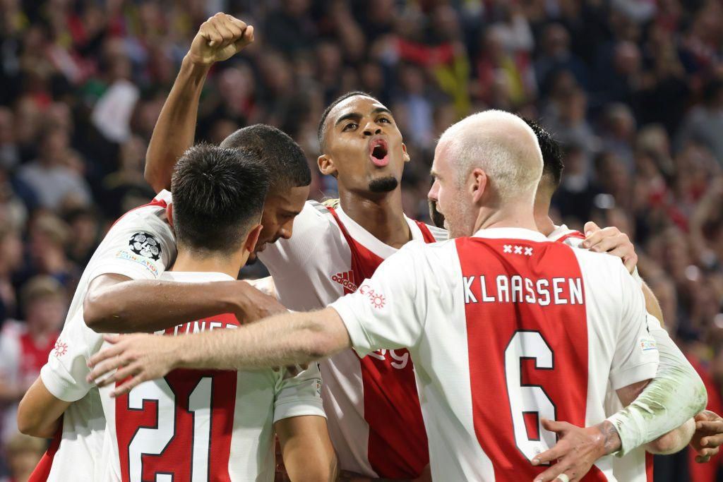 Sebastien Haller (centre) celebrates scoring in Ajax's rout of an out-of-sorts Borussia Dortmund