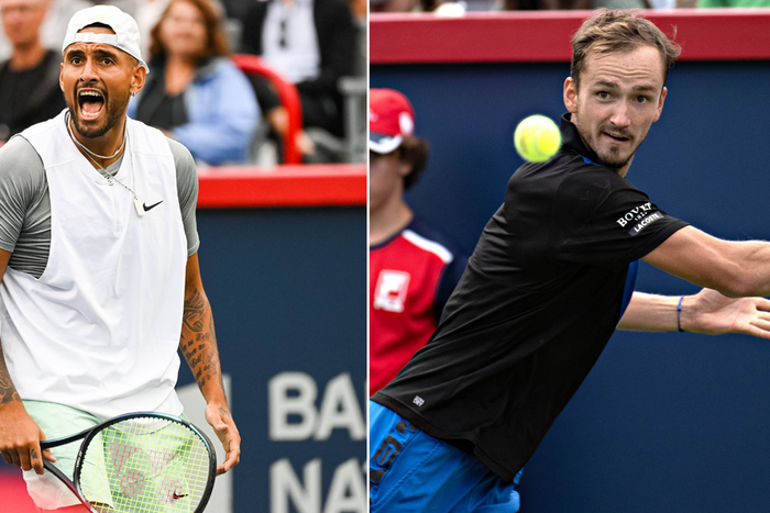 Nick Kyrgios(Right) defeated Daniil Medvedev at the National Bank Open in Montreal on Wednesday