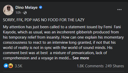 Screenshot of Dino Melaye's statement about Femi Fani-Kayode. (Dino Melaye/Facebook)