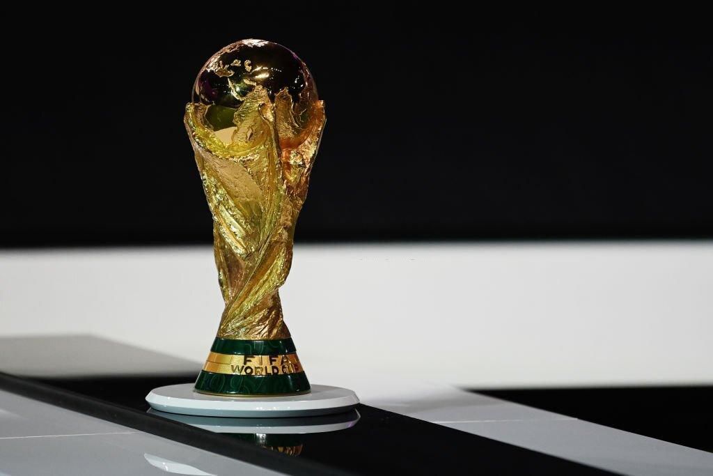 DOHA, QATAR - MARCH 31: The FIFA World Cup Trophy is pictured on display during the 72nd FIFA Congress at the Doha Exhibition and Convention Center on March 31, 2022 in Doha, Qatar. (Photo by Michael Regan - FIFA/FIFA via Getty Images)
