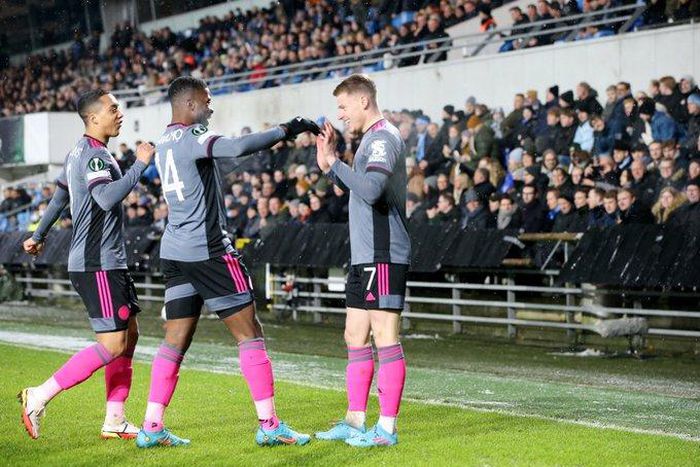 Kelechi Iheanacho celebrates with Maddison after his second goal of the night.
