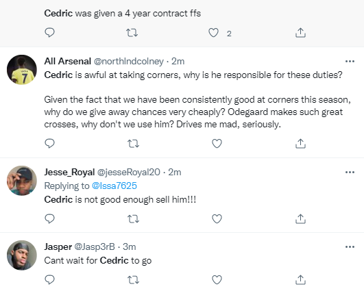 Arsenal fans blame Cedric as Nketiah scores 2 goals in 2-1 win against Leeds United