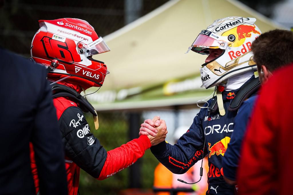 Charles Leclerc (L) and Max verstappen came together to congratulate each other after a thrilling race