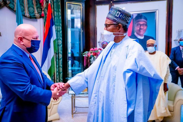 President Muhammadu Buhari receives in audience Karim Ahmad Khan, International Criminal Court (ICC) Prosecutor at the State House, Abuja. [Presidency]