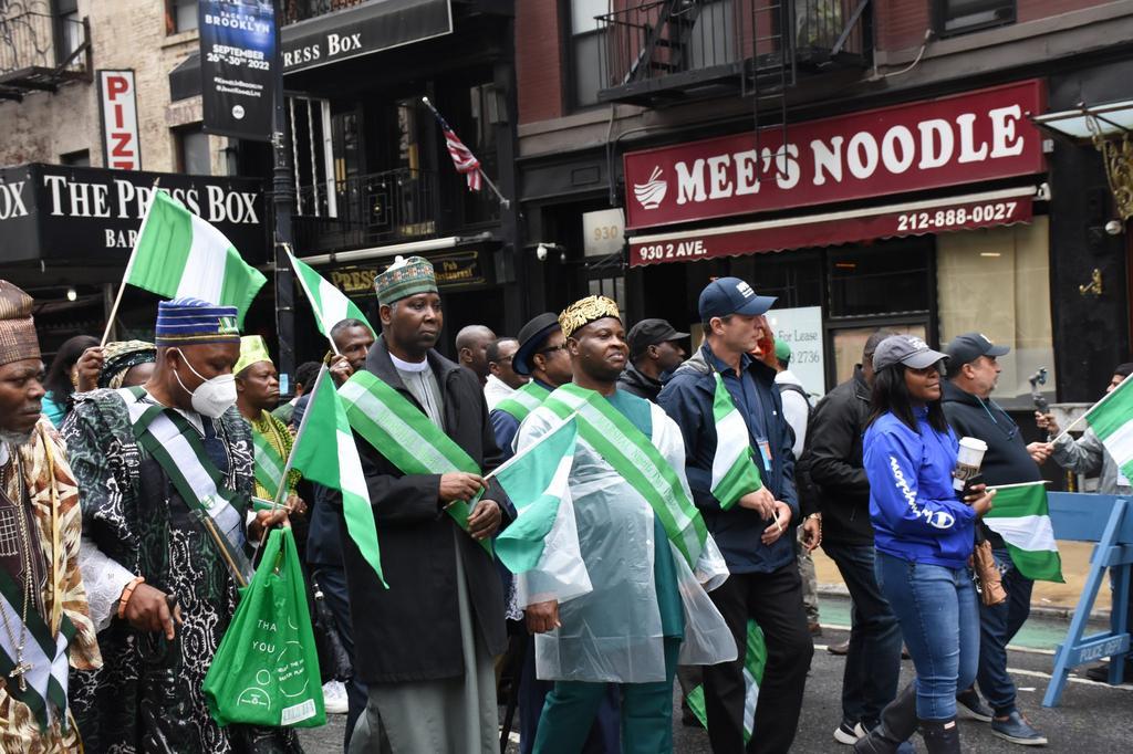 (Middle) The Consul-General of Nigeria in New York, Amb. Lot Egopija and the Permanent Representative of Nigeria to the United Nations, Amb. Tijjani Muhammad-Bande at the 2022 edition of Independence Day Parade on Saturday in New York.