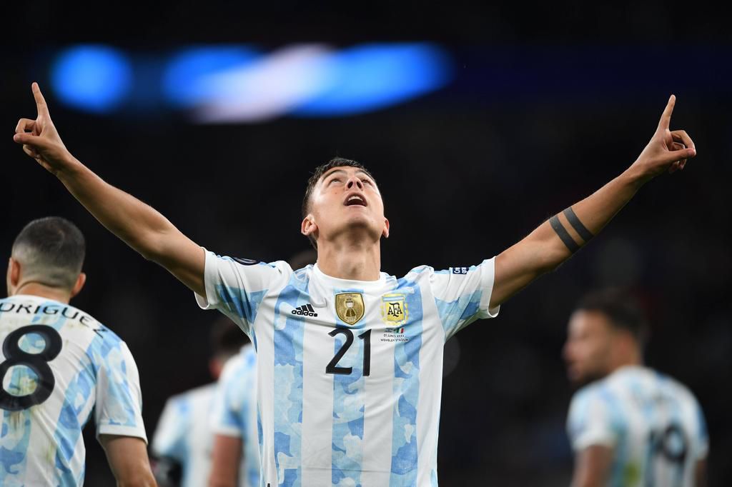 Paulo Dybala celebrates scoring for Argentina in their 3-0 win over Italy in the Finalissimo