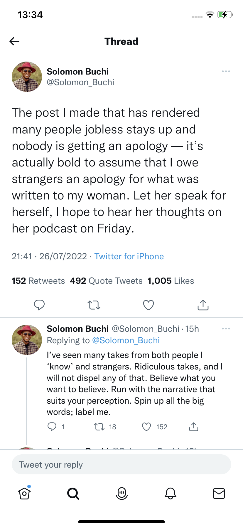 The tweet he made to defend himself