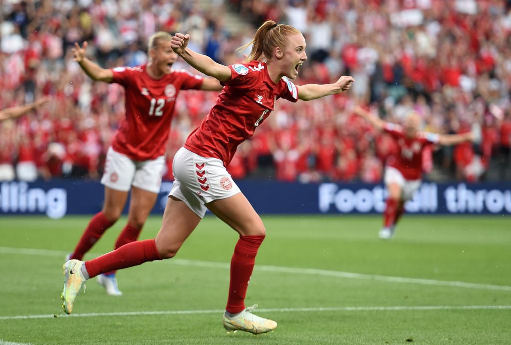 Denmark's Harder could hardly contain her joy after heading home the winner.