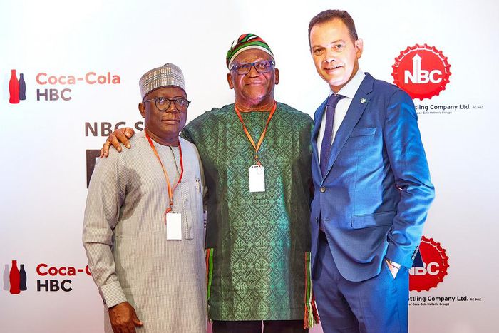 L-R: Dr. Salisu Dahiru, Director General, National Council on Climate Change; Dr Newton Jibunoh, Founder, Fight Against Desert Encroachment (FADE Africa) and Matthieu Seguin, Managing Director, Nigerian Bottling Company (NBC) Ltd. at the 2022 NBC Stake...