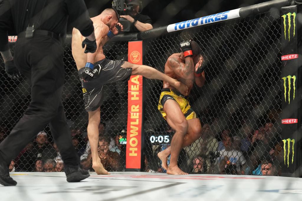 Chimaev pinned Burns to the fence and unleashed a series of kicks and punches on the Brazilian fighter