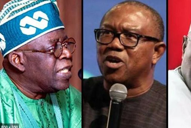 The frontline presidential candidates for the 2023 election, Bola Tinubu, Peter Obi and Atiku Abubakar (Channels TV)