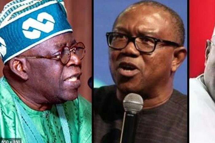 The frontline presidential candidates for the 2023 election, Bola Tinubu, Peter Obi and Atiku Abubakar (Channels TV)