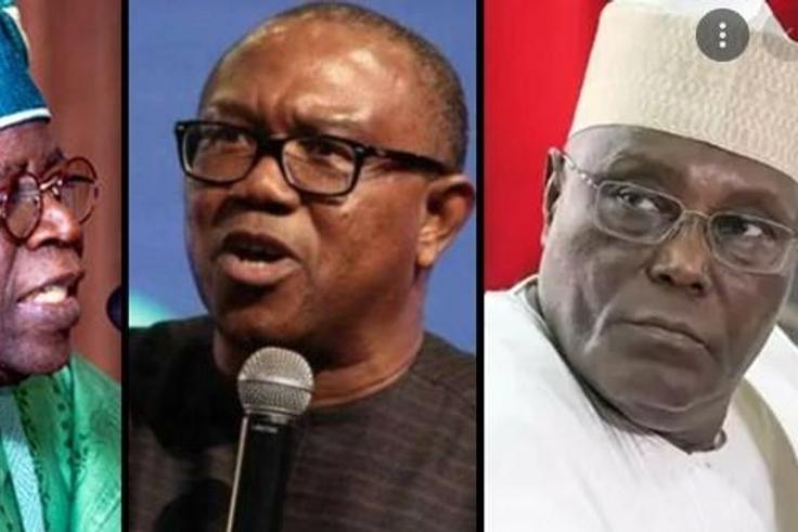The frontline presidential candidates for the 2023 election, Bola Tinubu, Peter Obi and Atiku Abubakar (Channels TV)