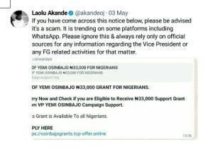 Fact Check: Is Osinbajo giving grant to Nigerians as campaign support?