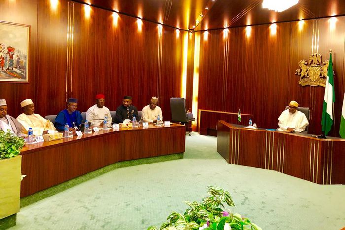 President Muhammadu Buhari in a meeting with a delegation of the Nigeria Governors' Forum (NGF)