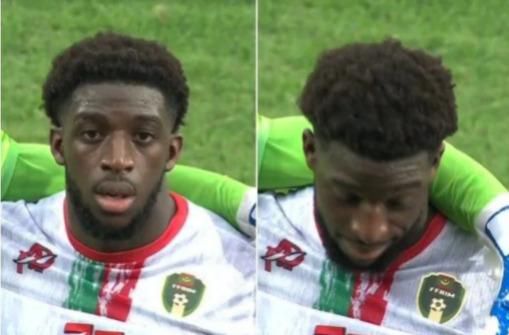 Mauritania Captain Aboubakar Kamar looks on in disbelief after wrong national anthem was played three times