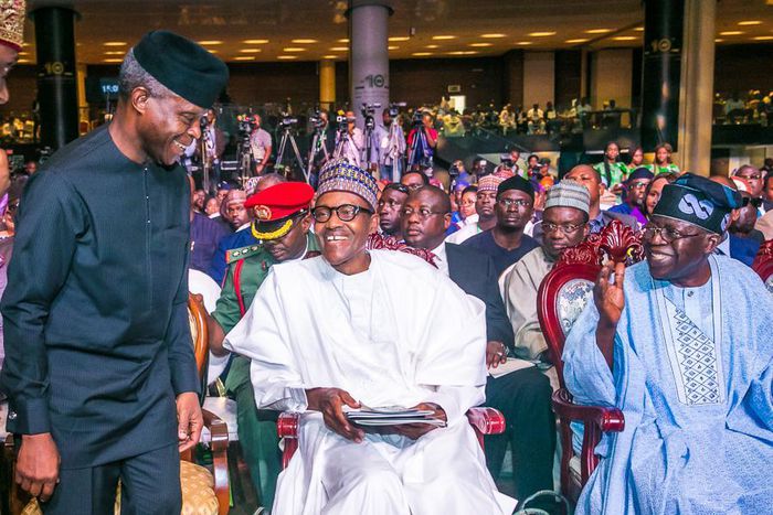 Osinbajo, Tinubu and Buhari share a joke at BAT Colloquium