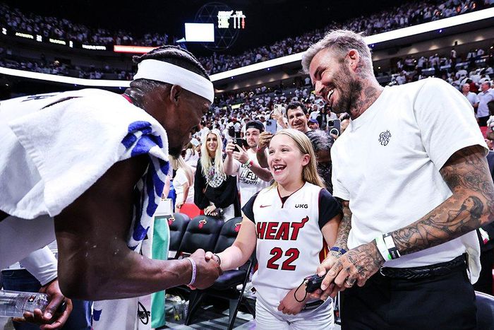 David Beckham and Harper Seven meet Jimmy Butler as Miami Heat beat down Atlanta Hawks in NBA Playoffs Game 2