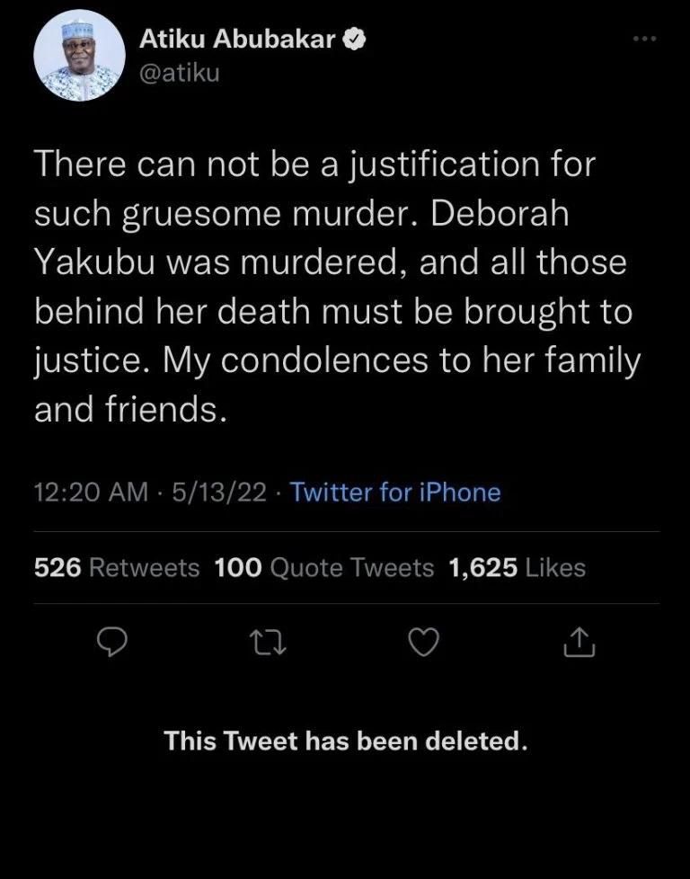Atiku deleted tweet
