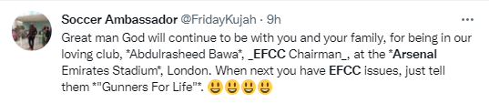 Reactions as EFCC Chairman Abdulrasheed Bawa spotted at Arsenal's Stadium for game against Manchester United