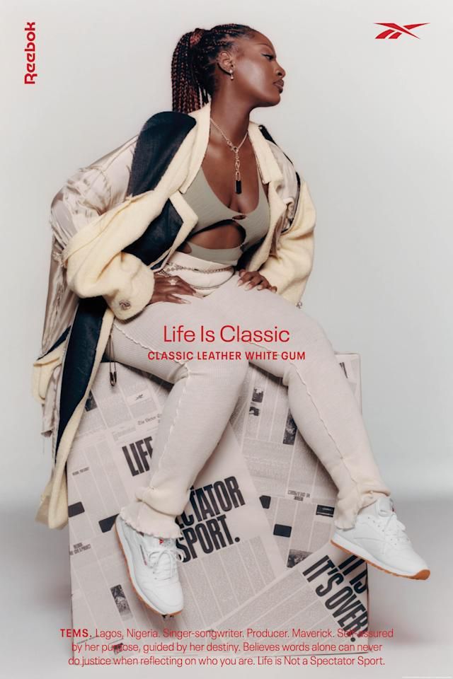 Tems models Reebok classic leather shoes