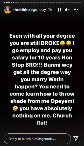 Nkechi Blessing replies Opeyemi Falegan after he disclosed that his next partner must have a degree