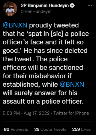 Police spokesman says Buju has questions to answer after he boasted about spitting on officer