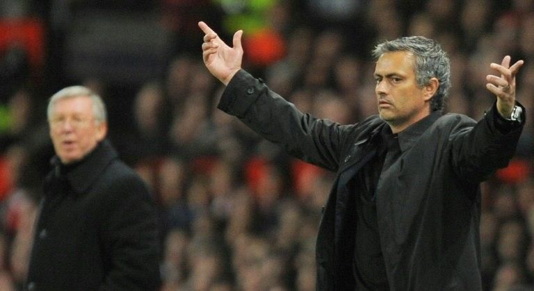 Inter Milan's head coach Jose Mourinho (R) gestures next to Manchester United manager Sir Alex Ferguson during a UEFA Champions League match at Old Trafford in Manchester, in March 2009