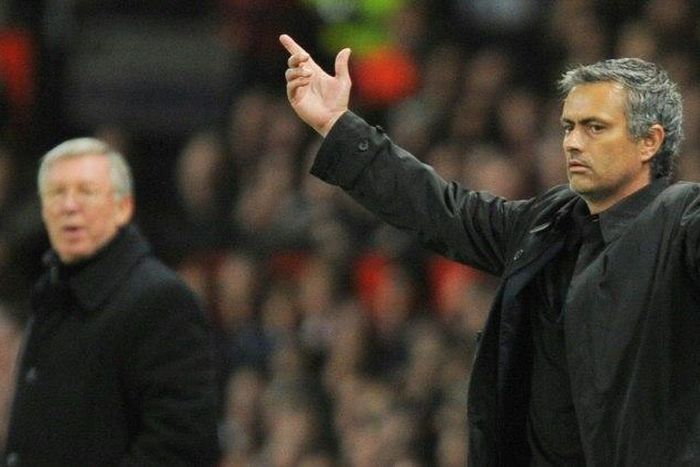 Inter Milan's head coach Jose Mourinho (R) gestures next to Manchester United manager Sir Alex Ferguson during a UEFA Champions League match at Old Trafford in Manchester, in March 2009