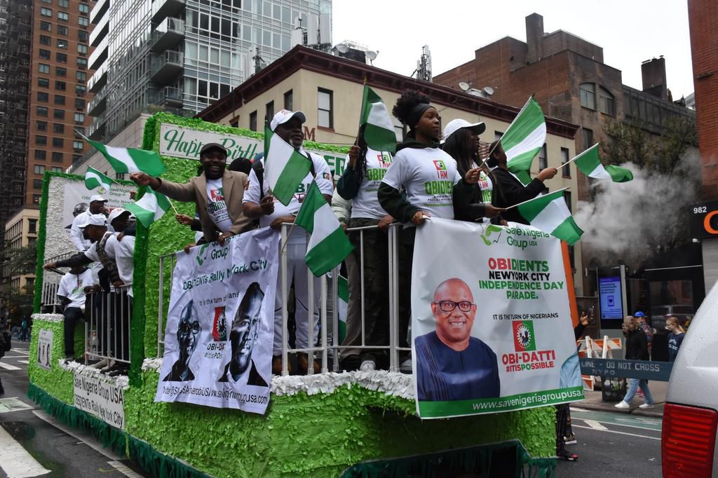 Save Nigeria Group for Obi/Datti float at 62nd Independence Day parade in New York on Saturday.