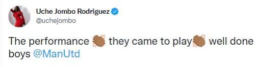 Uche Jombo tweeting about her favourite team Manchester United