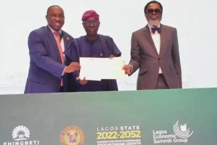 L-R: Samuel Egube, commissioner, Economic Planning and Budget; Gov. Babajide Sanwo-Olu of Lagos State, and Mr Moyosore Onigbanjo SAN, Attorney-General of Lagos State, during the presention of the Lagos State Wealth Fund Bill at the 2022 Ehingbeti Lagos...