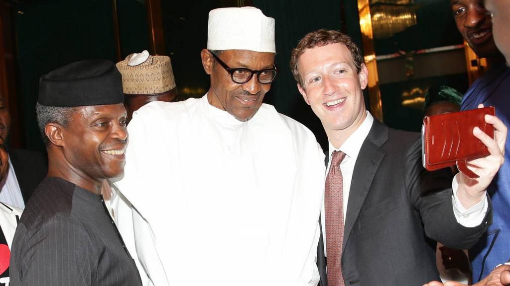Vice President 'Yemi Osinbajo (L), President Muhammadu Buhari (M) and Facebook Founder and CEO Mark Zuckerberg (R) taking a selfie