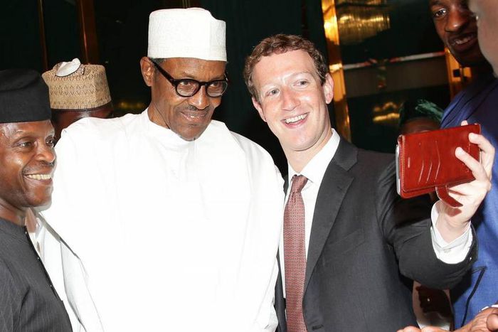 Vice President 'Yemi Osinbajo (L), President Muhammadu Buhari (M) and Facebook Founder and CEO Mark Zuckerberg (R) taking a selfie