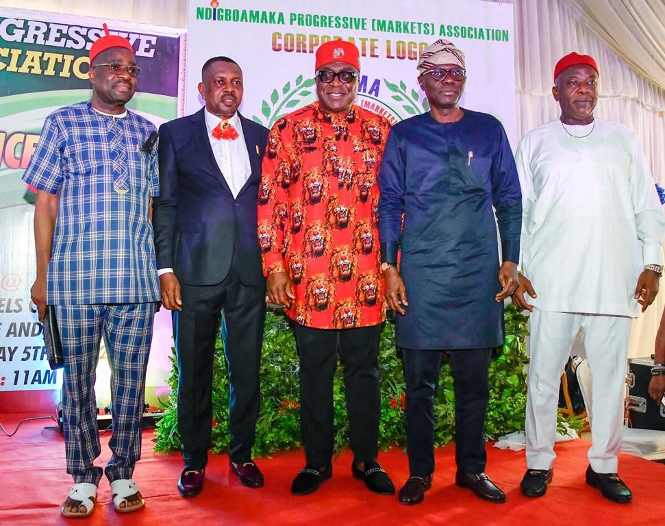 L-R: Founder/National Coordinator, Ndigboamaka Progressive Markets Association, Nze Ezeomenyilioha Osuokwu; Chairman, Planning Committee/Member, Lagos State Market Advisory Council, Mr Chinedu Ukatu; Chairman, United Nigeria Airlines, Prof. Obiora Okon...
