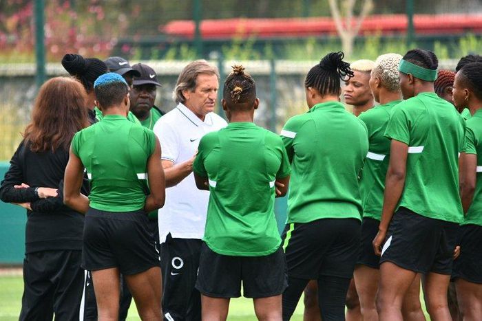 Super Falcons coach Randy Waldrum speaks to the team