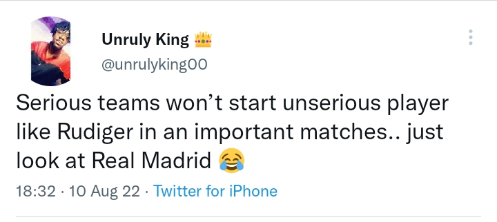 Fans troll Antonio Rudiger for sitting on the bench.