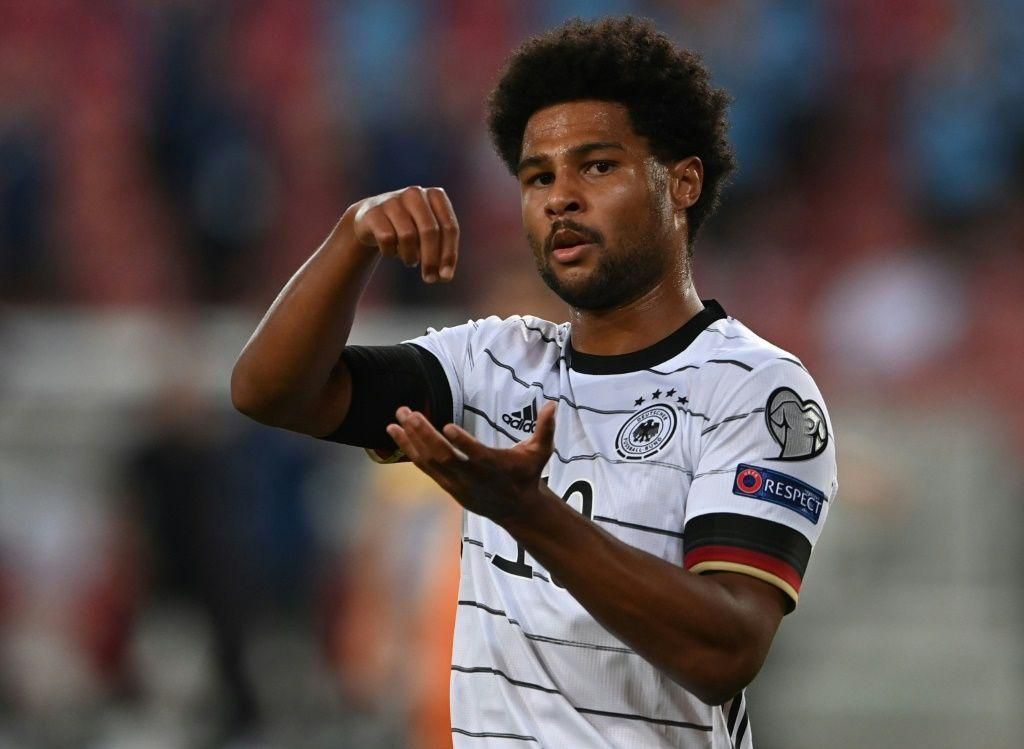 Germany winger Serge Gnabry celebrates with his stirring gesture after two goals in Sunday's 5-0 thrashing of Armenia