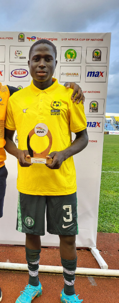 Golden Eaglets Emmanuel Michael thanks Moses Simon after scoring free kick against Ghana