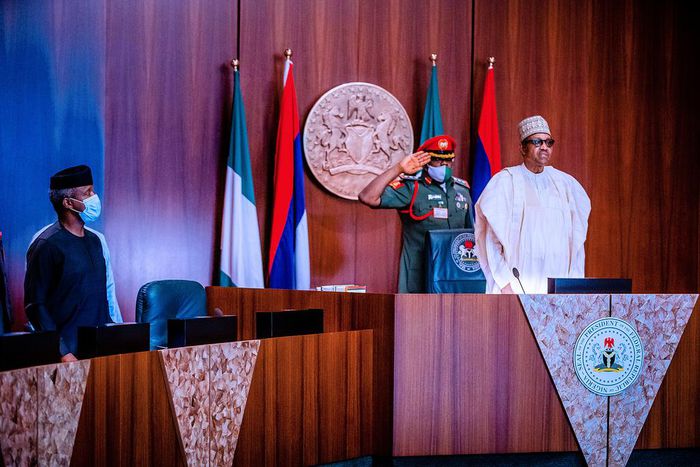 Buhari presides over virtual FEC meeting as ministers make presentations. [Twitter/@NigeriaGov]