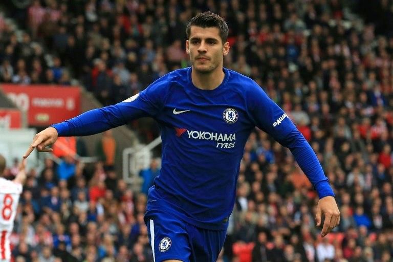 Chelsea's striker Alvaro Morata celebrates scoring the opening goal of the English Premier League football match between against Stoke City September 23, 2017