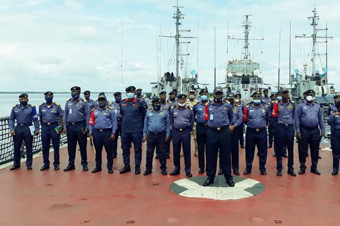 Cross section of personnel of the Nigerian Navy, EFCC, NSCDC, Immigration, Customs and NIMASA during the launch of Exercise Sanga-Sung in Onne, Rivers state on Tuesday. [NAN]