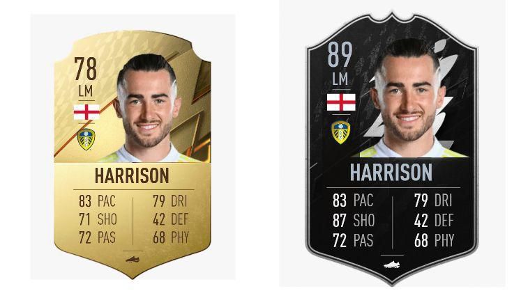 Jack Harrison FIFA 22 OPR (Left) and TOTW Upgrade (Right)