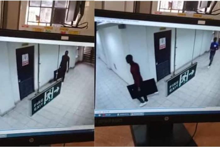 CCTV footage of cleaners stealing TV set from courtroom