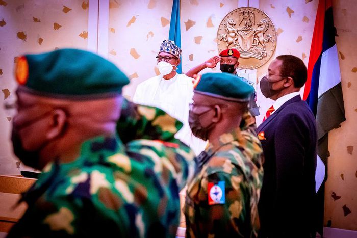 President Muhammadu Buhari in a security meeting with service chiefs [Presidency]