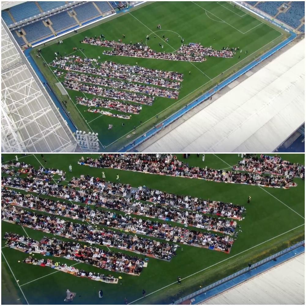 Half the pitch at Ewood Park covered with prayer mats