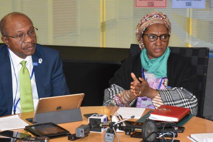 The Governor, Central Bank of Nigeria, Mr Godwin Emefiele, with the Minister of Finance, Budget and National Planning, Mrs. Zainab Ahmed, at the news briefing on Nigeria’s participation in the just-concluded World Bank/IMF Annual Meetings in Washington...